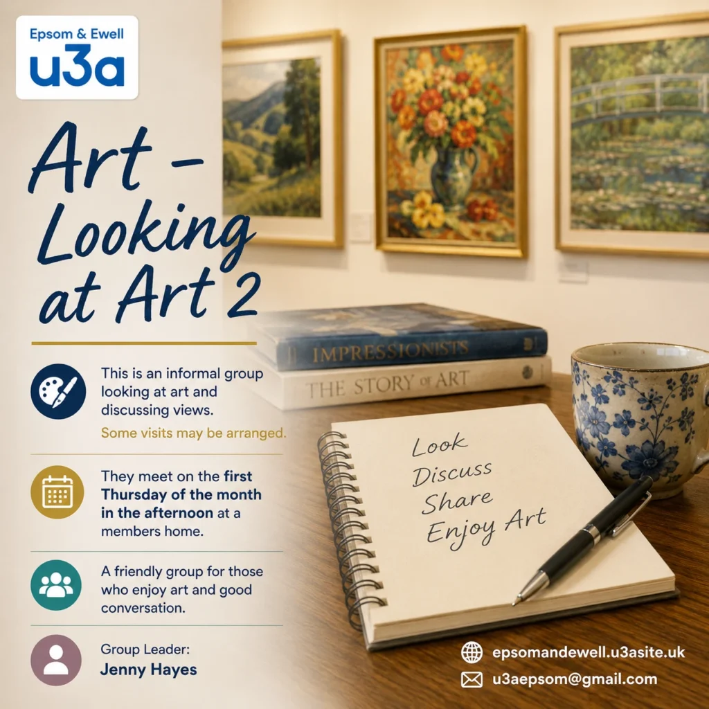 Poster for the Looking at Art 2 group, with framed paintings, art books, a notebook and a cup of tea.