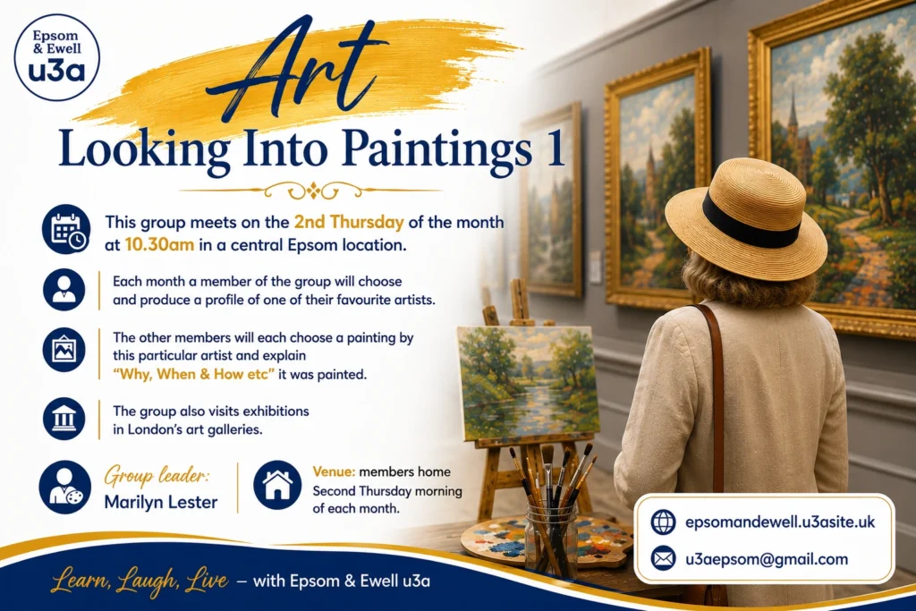 Poster for the Looking Into Paintings 1 group, showing a visitor viewing landscape paintings in an art gallery.