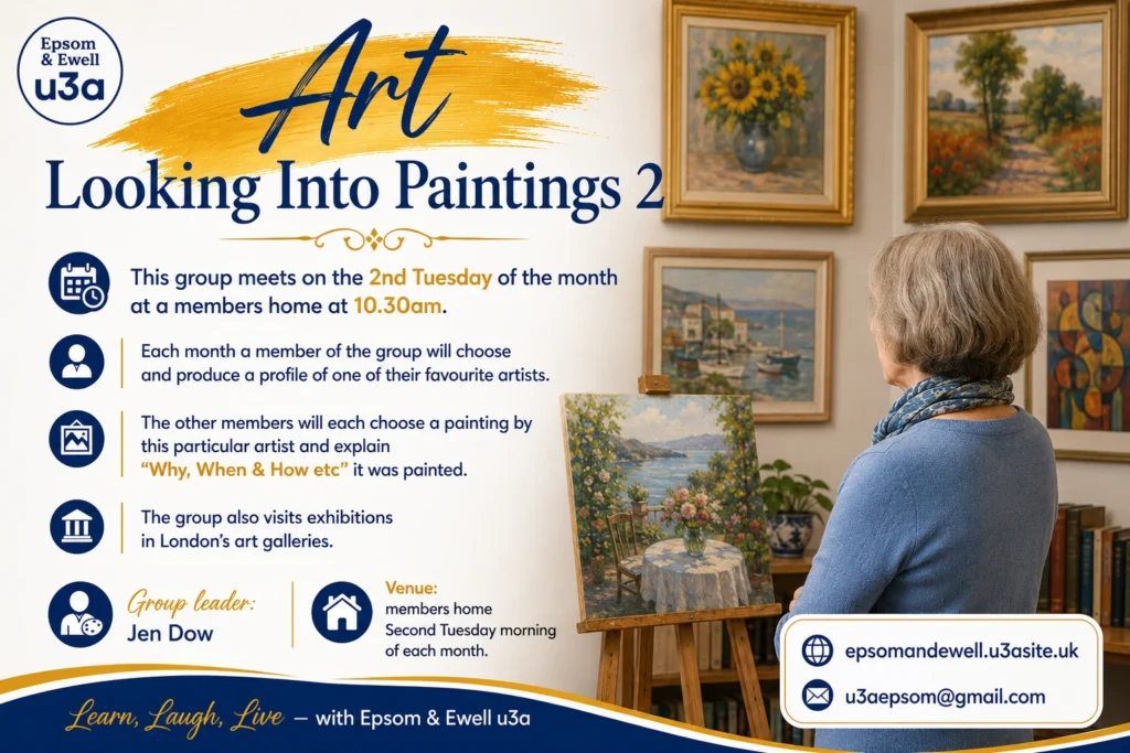 Poster for the Looking Into Paintings 2 group, showing a visitor studying framed artworks in a gallery.
