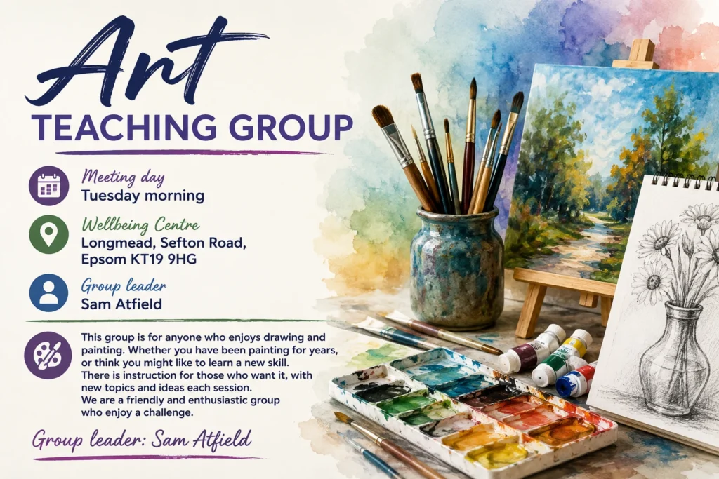 Poster for the Art Teaching Group, featuring paintbrushes, watercolours, a landscape painting and a pencil drawing.
