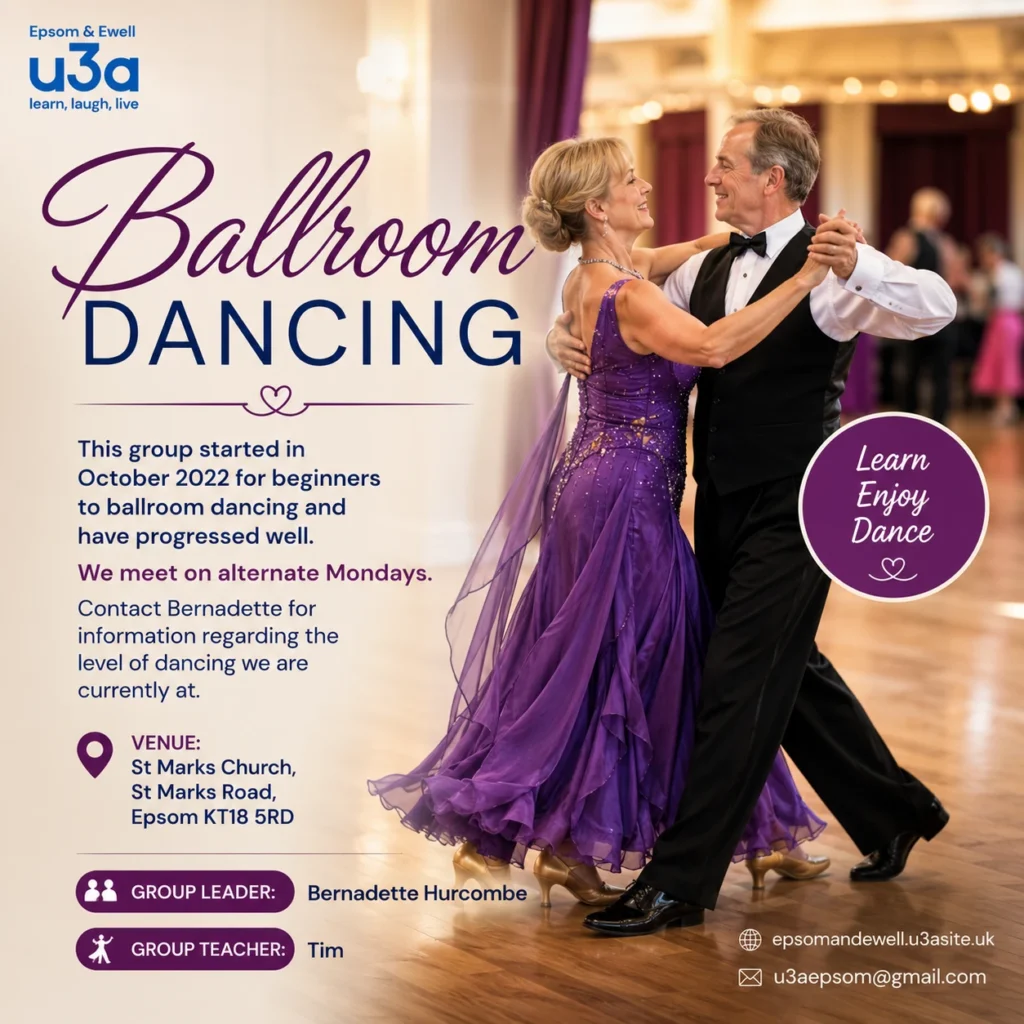 Poster for the Ballroom Dancing group, showing a couple dancing together in formal ballroom attire.