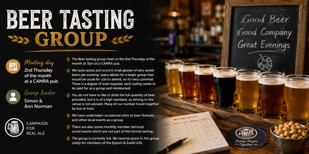 Poster for the Beer Tasting Group, showing a tasting flight of different beers, tasting notes and bar snacks.
