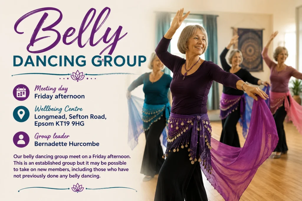 Poster for the Belly Dancing Group, showing women dancing with colourful scarves in a bright studio.
