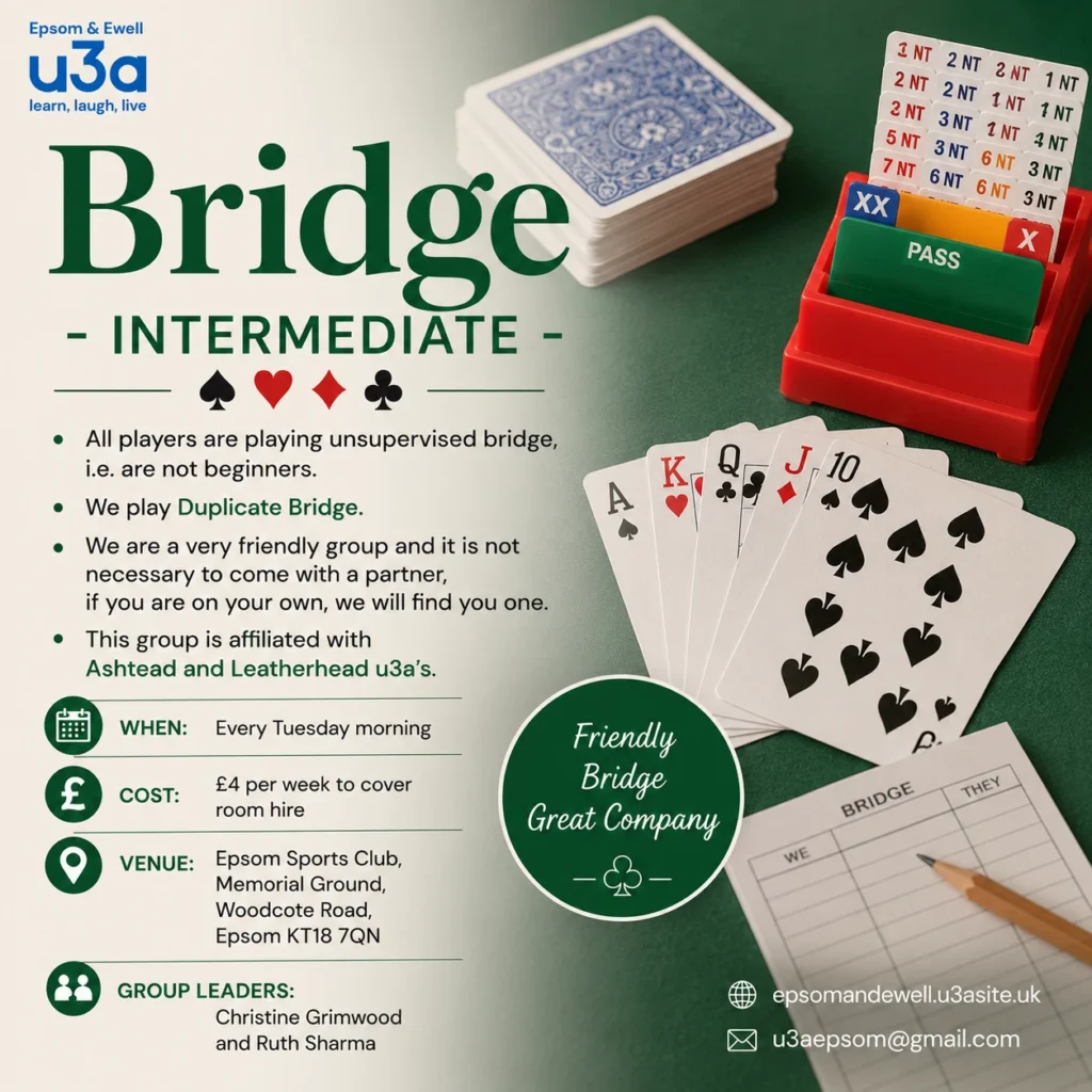 Poster for the Intermediate Bridge group, featuring playing cards, bidding boxes and a bridge score sheet.