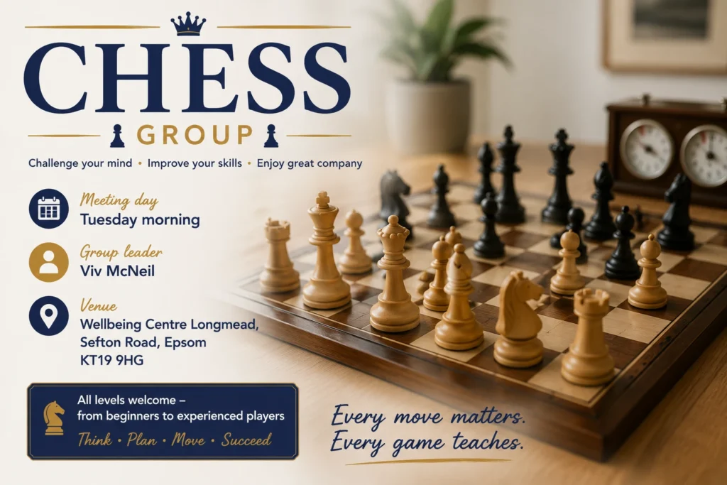 Poster for the Chess group, showing a wooden chessboard set up for play.

