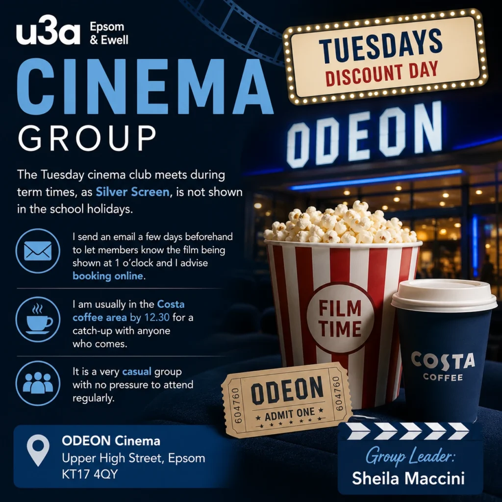 Poster for the Cinema Group, featuring an Odeon cinema sign, popcorn, tickets and a cinema drink.