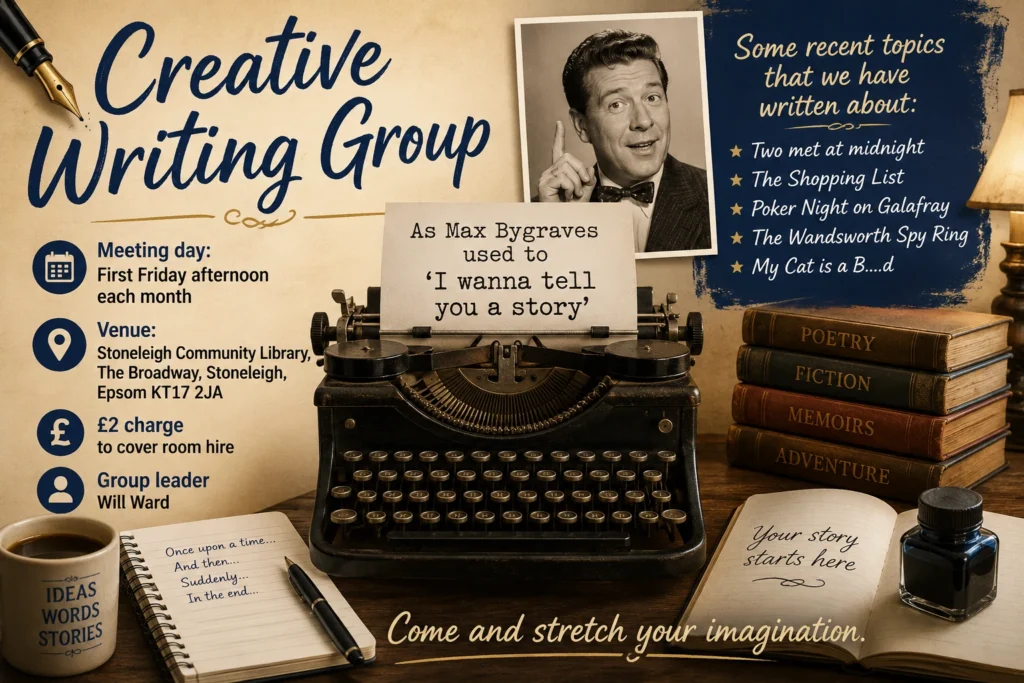 Poster for the Creative Writing Group, featuring a vintage typewriter, notebook, ink bottle and examples of recent writing topics.
