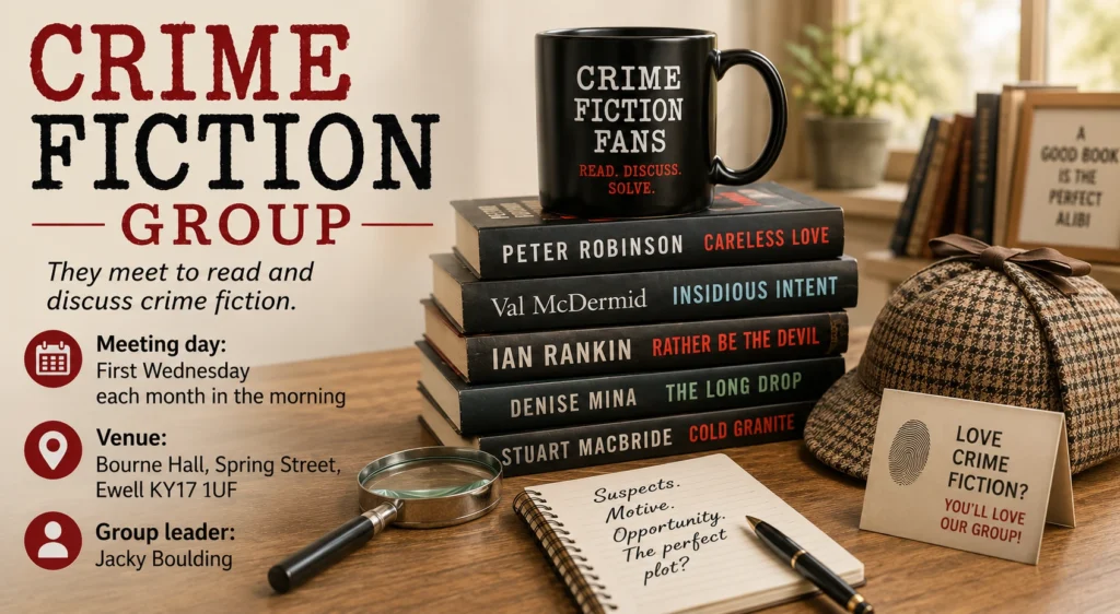 Poster for the Crime Fiction Group, featuring stacks of crime novels, a magnifying glass, notebook and detective-style hat.

