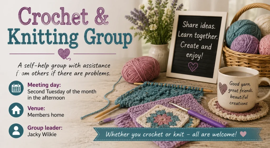 Poster for the Crochet and Knitting Group, showing balls of yarn, knitting needles and a colourful crocheted square.
