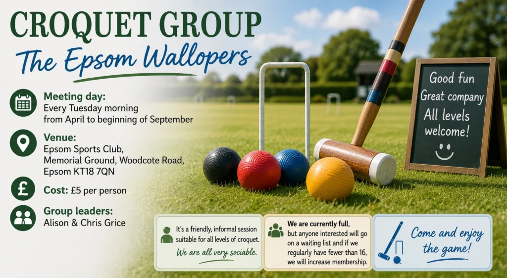 Poster for the Croquet Group, showing croquet mallets, coloured balls and hoops on a sunny lawn.