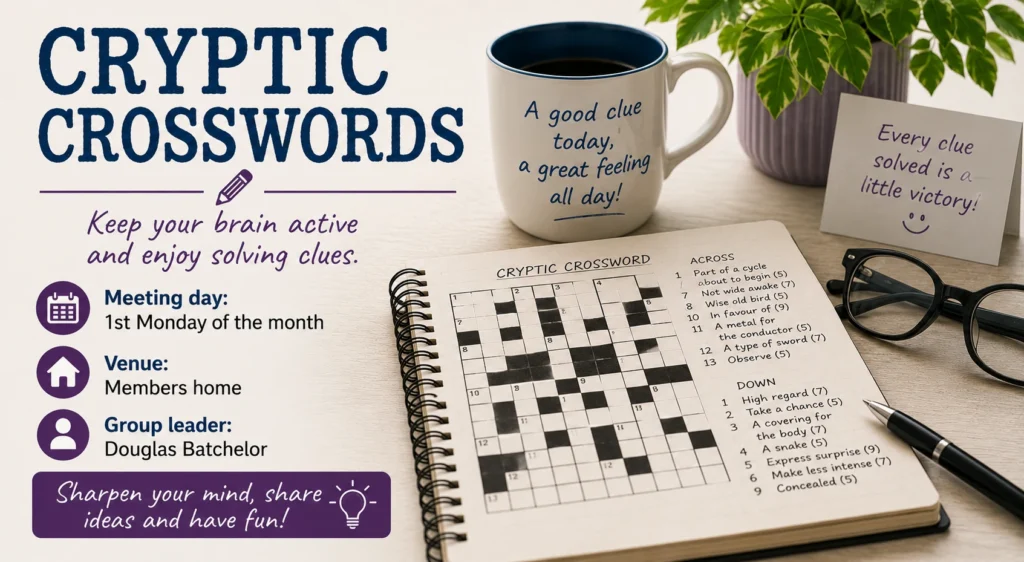 Poster for the Cryptic Crosswords group, featuring an open crossword puzzle, clues, pencil, glasses and coffee.
