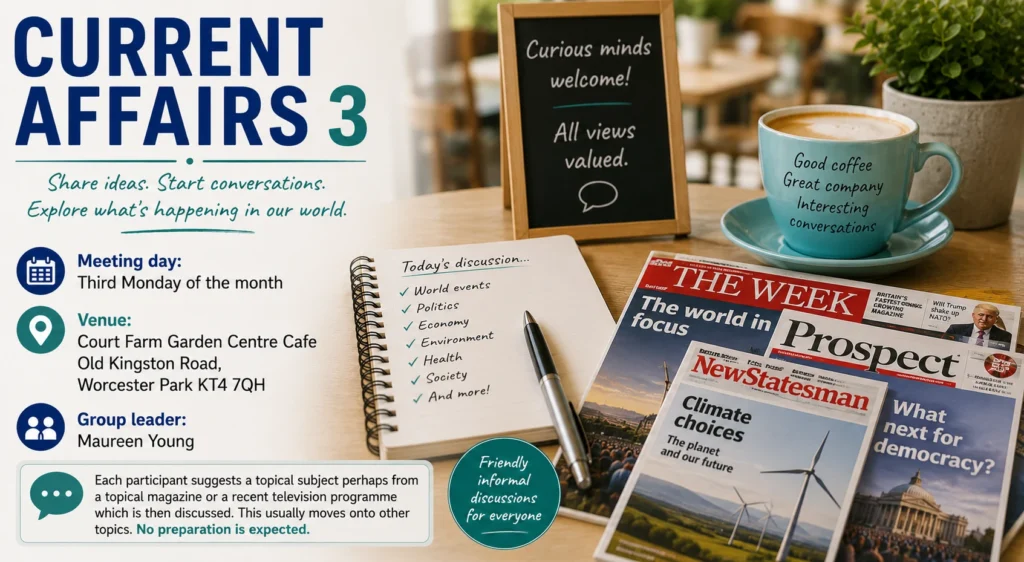 Poster for Current Affairs 3, showing newspapers, discussion notes and coffee on a table.
