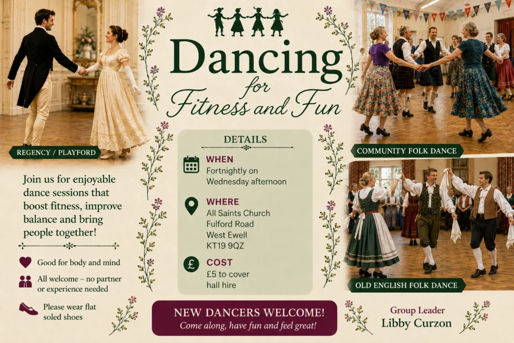 Poster for Dancing for Fitness and Fun, with images representing ballroom, community folk, Old English and other social dances.