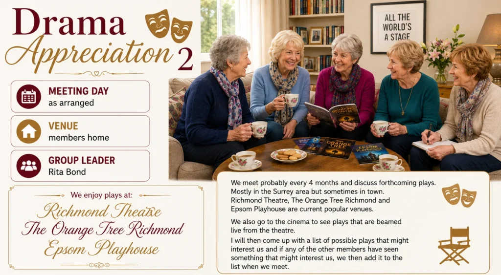 Poster for Drama Appreciation 2, showing a group of women discussing theatre over tea and programmes.
