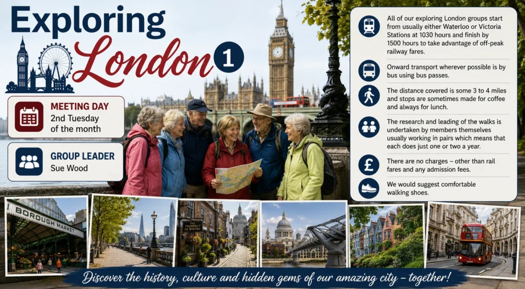 Poster for Exploring London 1, showing members studying a map near Westminster with photographs of London landmarks.
