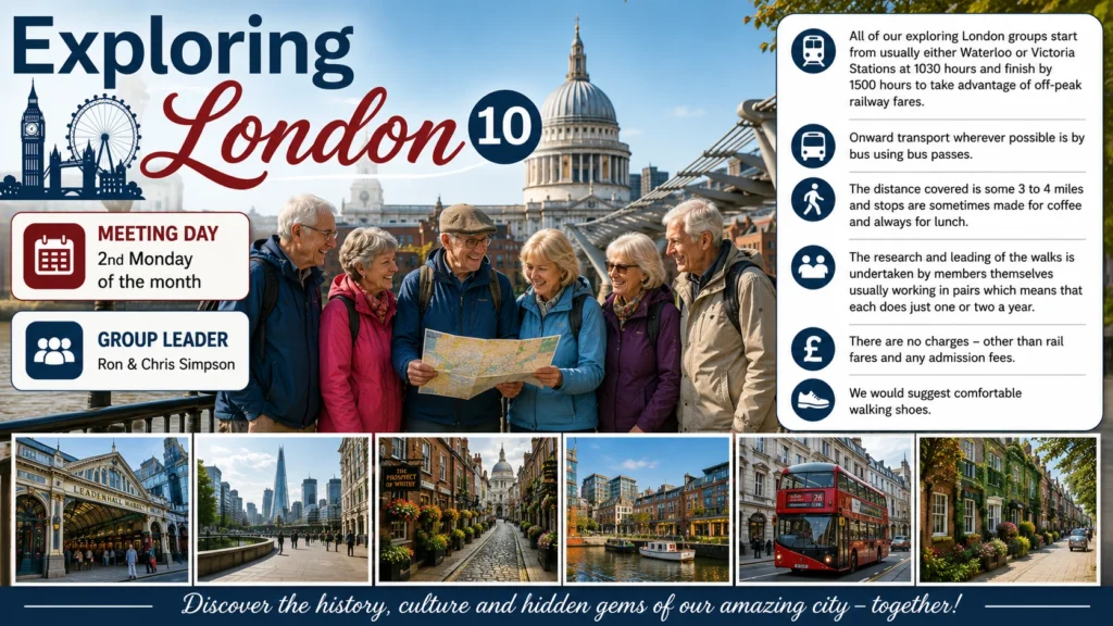 Poster for Exploring London 10, showing members with a map near St Paul’s Cathedral and a collage of London streets and landmarks.