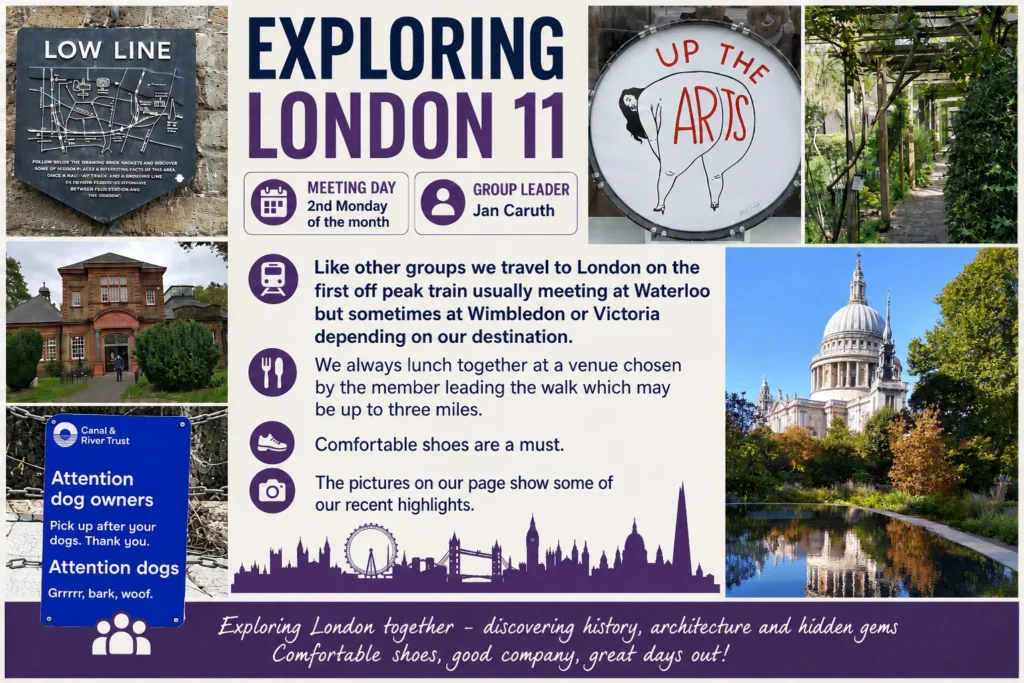 Poster for Exploring London 11, featuring St Paul’s Cathedral, green spaces, architectural details and recent group highlights.
