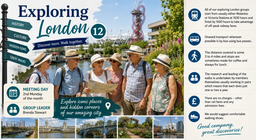 Poster for Exploring London 12, showing members on a London walk with photographs of canals, bridges and landmarks.

