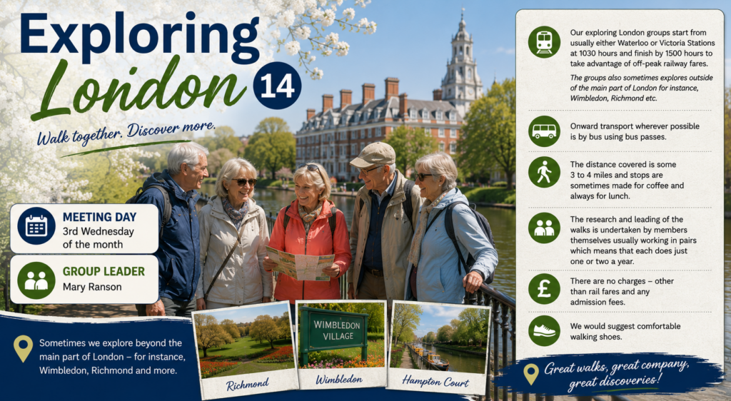Poster for Exploring London 14, showing members walking near historic buildings with photographs from Richmond and Wimbledon.

