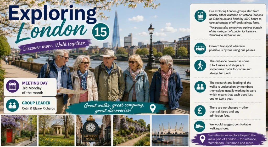 Poster for Exploring London 15, showing members near the River Thames with photographs of parks, clocks and London landmarks.
