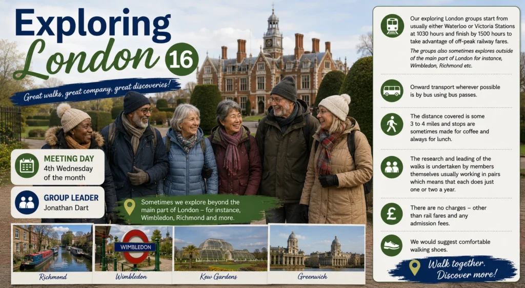 Poster for Exploring London 16, showing members on a winter walk with photographs of Kew, Wimbledon and Greenwich.