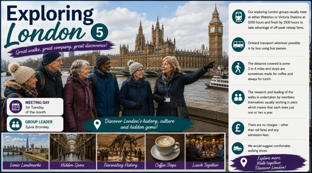 Poster for Exploring London 5, showing members on the South Bank near Westminster and photographs of London discoveries.
