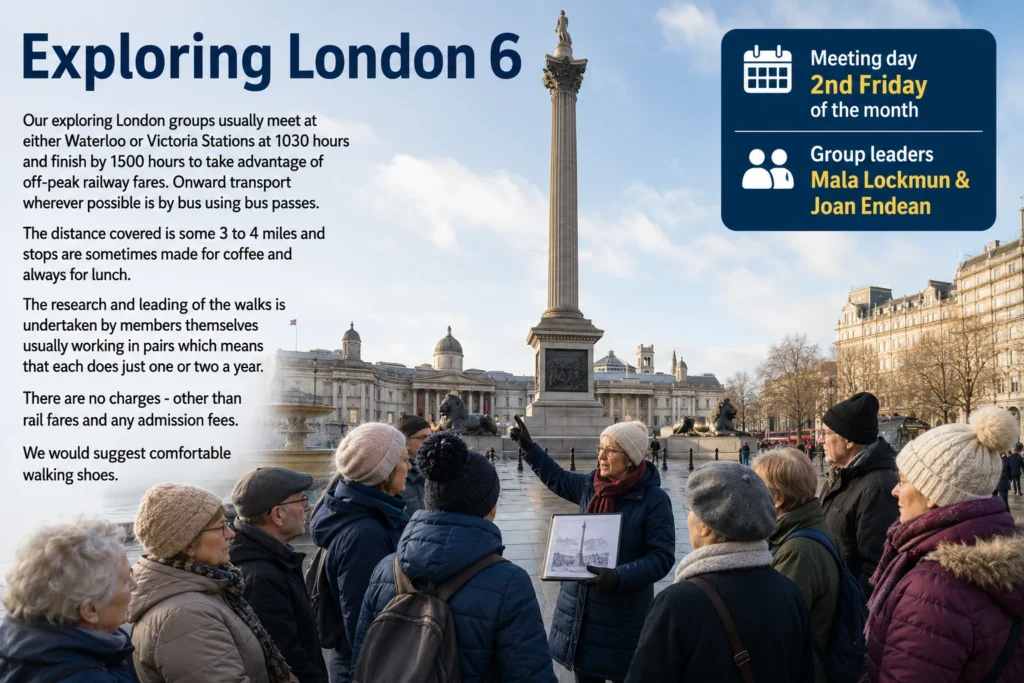 Poster for Exploring London 6, showing members gathered in Trafalgar Square with Nelson’s Column in the background.
