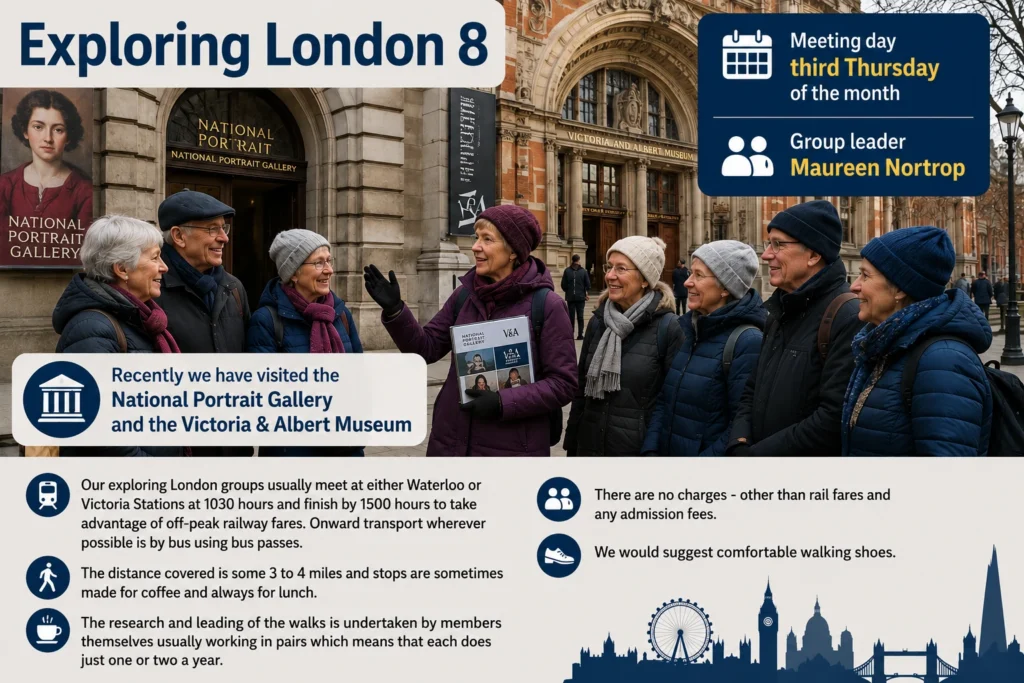 Poster for Exploring London 8, showing members outside the National Portrait Gallery and Victoria and Albert Museum.