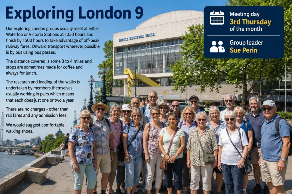 Poster for Exploring London 9, showing group members gathered outside the Royal Festival Hall.