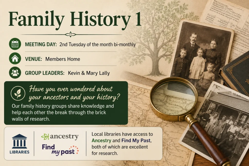 Poster for Family History 1, featuring old family photographs, historical records, a family tree and a magnifying glass.