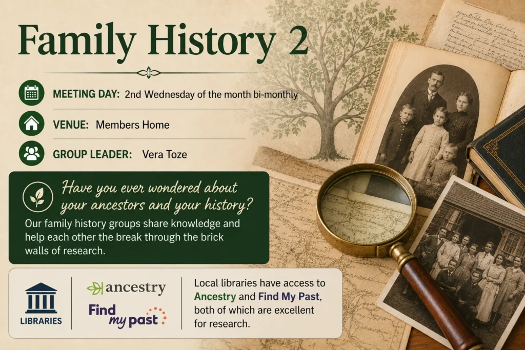 Poster for Family History 2, featuring old photographs, a family tree, archival documents and a magnifying glass.
