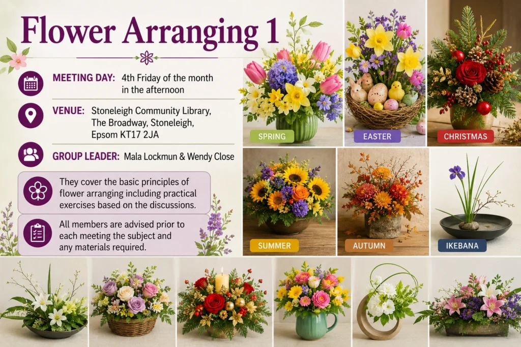 Poster for Flower Arranging 1, displaying colourful seasonal arrangements for spring, Easter, summer, autumn, Christmas and ikebana.