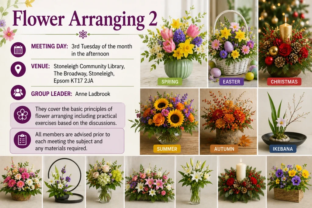 Poster for Flower Arranging 2, displaying a variety of colourful floral arrangements for different seasons and styles.

