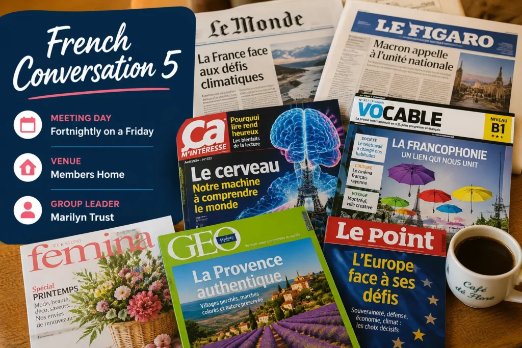 Promotional poster for French Conversation Group 5 featuring French language practice, books and cultural conversation.
