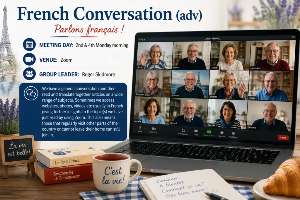 Poster for the Advanced French Conversation group, showing an online video meeting, the Eiffel Tower, French books, notes and a croissant.