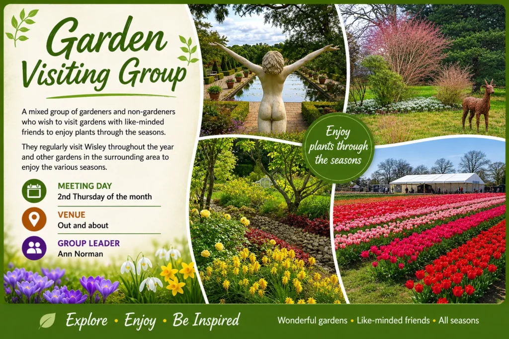Promotional poster for the Epsom & Ewell u3a Garden Visiting Group showing colourful gardens and seasonal planting.