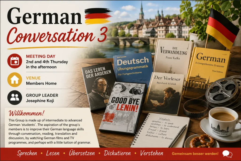 Promotional poster for German Conversation Group 3 featuring conversational German practice and cultural discussion.