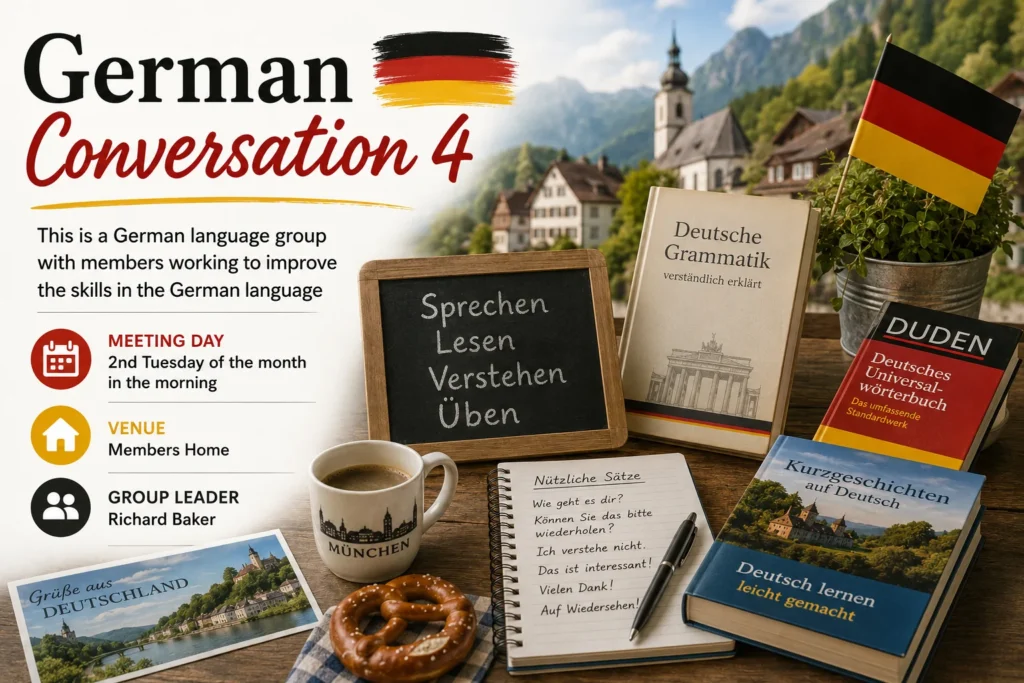 Promotional poster for German Conversation Group 4 encouraging members to develop spoken German in a relaxed environment.
