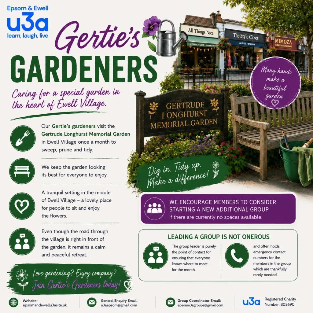 Promotional poster for Gertie's Gardeners showing volunteers caring for the Gertrude Longhurst Memorial Garden.