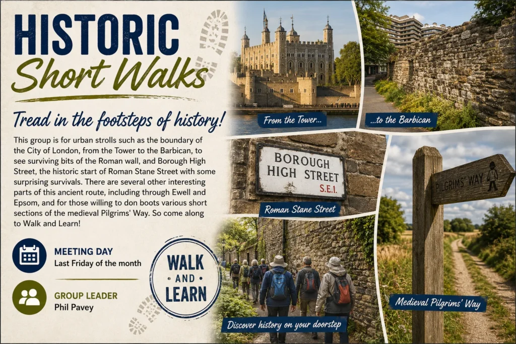 Promotional poster for the Historic Short Walks group exploring local history through gentle guided walks.
