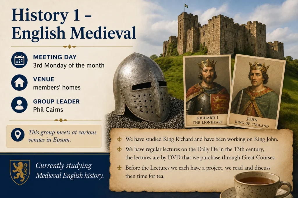 Promotional poster for History 1 – English Medieval, exploring medieval England through illustrated talks and discussion.