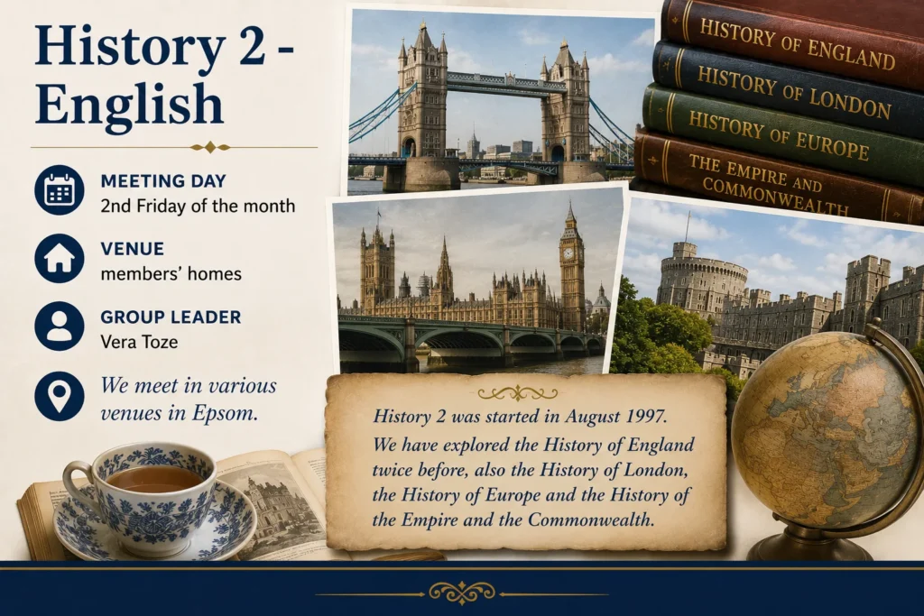 Promotional poster for History 2 – English History featuring talks and discussion on Britain's historical development.