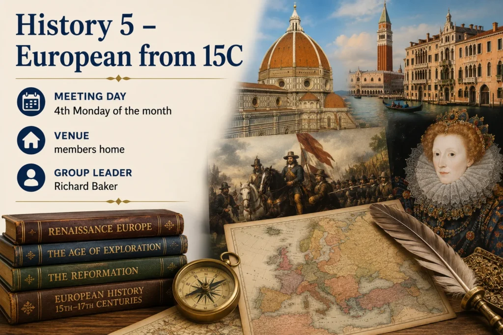 Promotional poster for History 5 – European History from the 15th Century featuring major historical events across Europe.