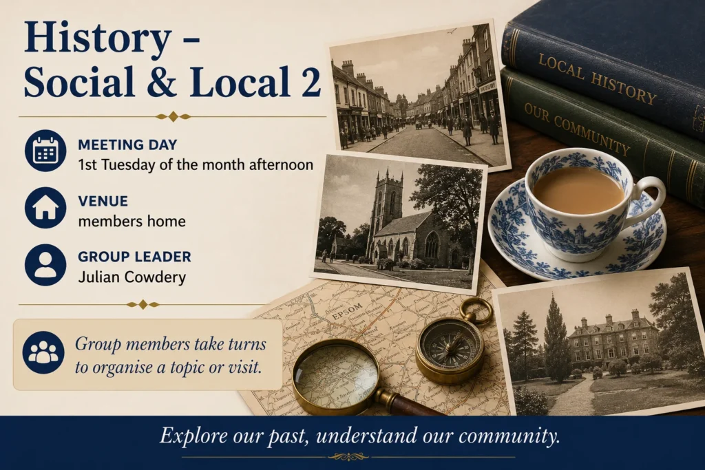 Promotional poster for Social and Local History Group 2 featuring local history, heritage and historical discussion.