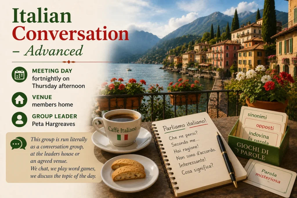 Promotional poster for the Advanced Italian Conversation Group helping members maintain and improve spoken Italian.
