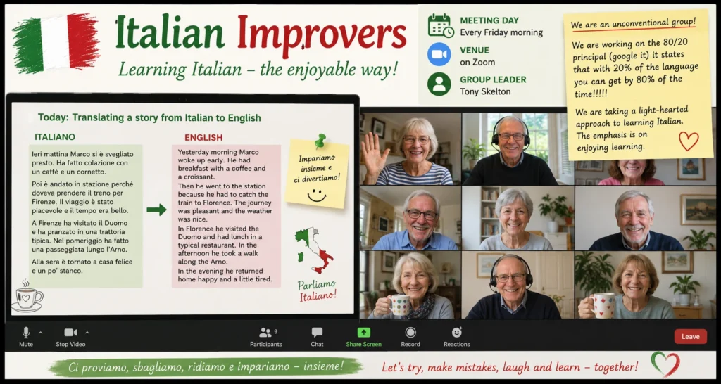 Promotional poster for the Italian Improvers Group helping members build confidence in spoken Italian.