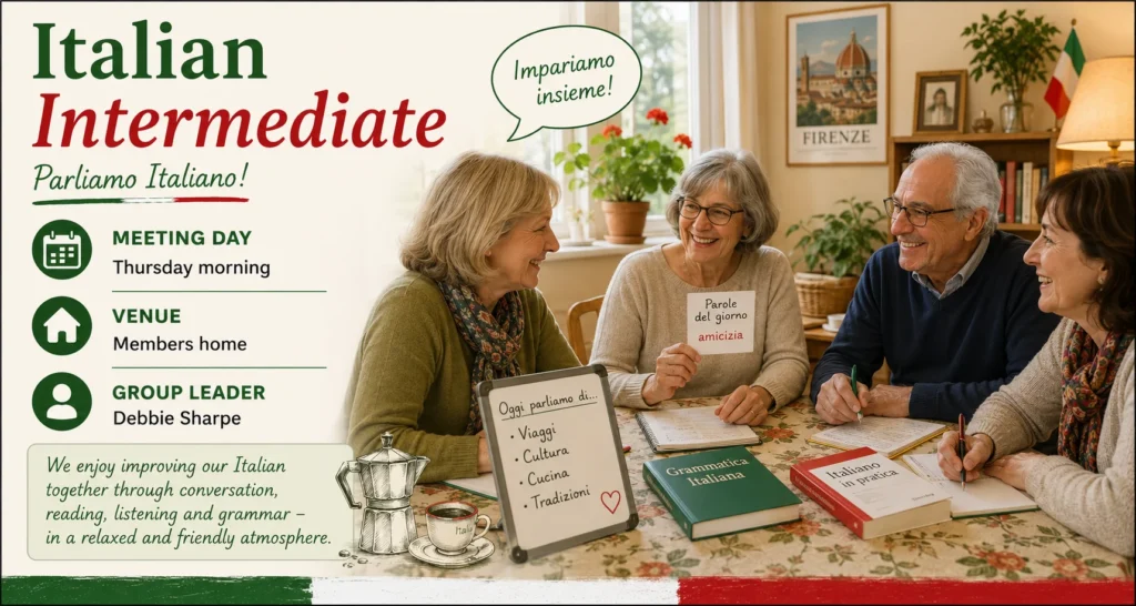 Promotional poster for the Intermediate Italian Group developing conversational Italian and cultural knowledge.