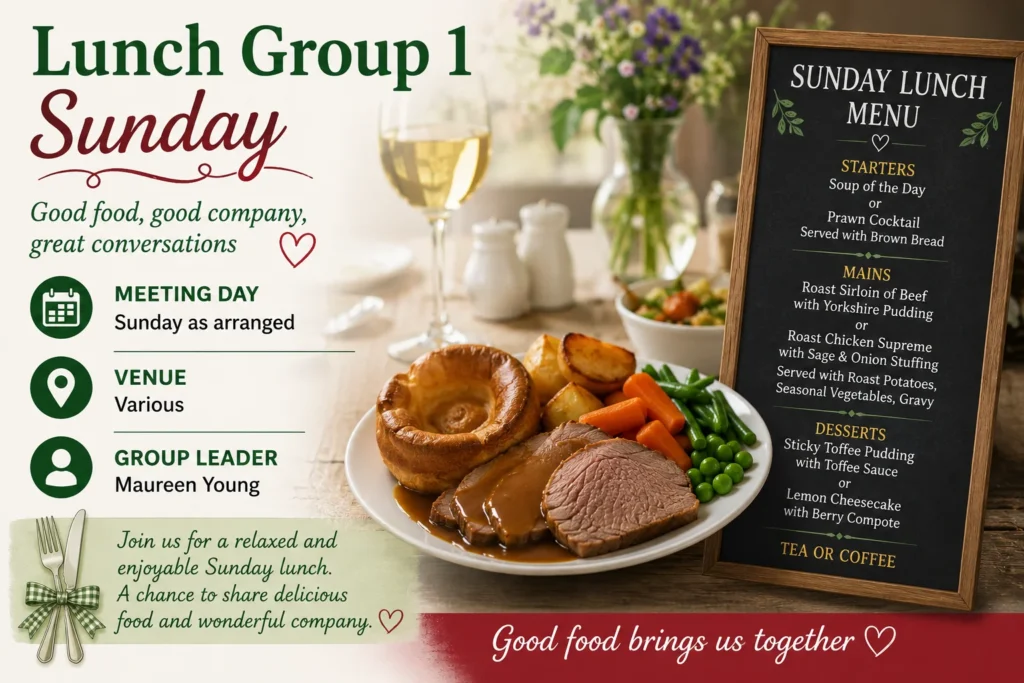Members of the Epsom & Ewell u3a Sunday Lunch Group 1 enjoying a friendly meal together at a local restaurant.
