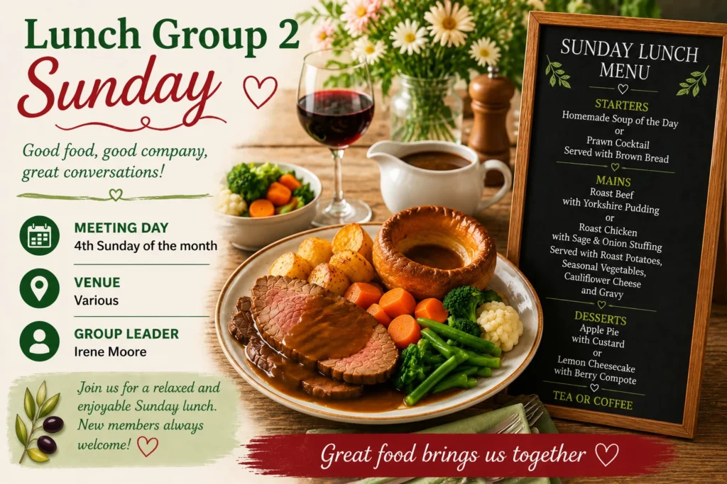 Members of the Epsom & Ewell u3a Sunday Lunch Group 2 enjoying good food and conversation at a local restaurant.