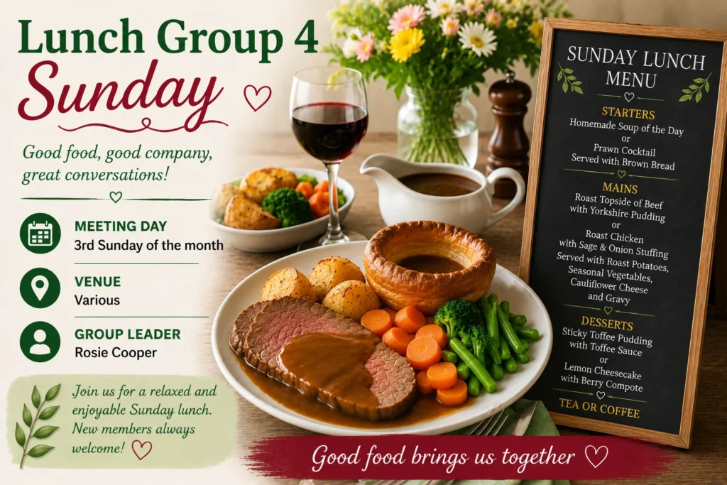 Members of the Epsom & Ewell u3a Sunday Lunch Group 4 meeting for a relaxed social lunch at a local venue.
